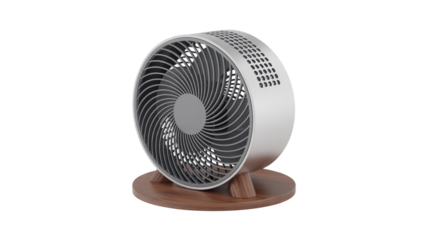 Modern desk fan with sleek metallic design and wood stand for cool comfort