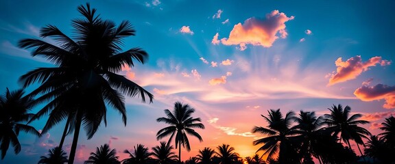 Silhouetted coconut palms at sunset, vibrant tropical sky,  aesthetic,  summer