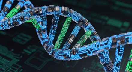 Futuristic DNA Helix with Circuit Patterns in a Technology Background