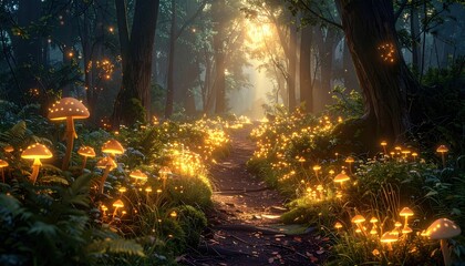 Fototapeta premium A sunlit forest path glows with luminescent mushrooms, casting a magical ambiance.