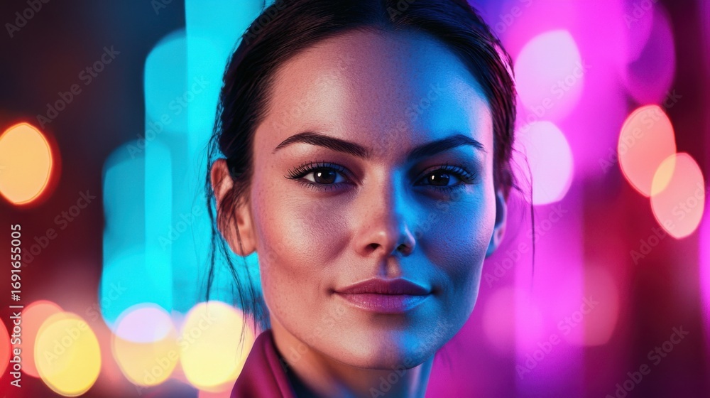 Poster woman standing against a bright colorful background with ai-powered remote signal monitoring technol