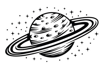 Planet with Rings Art on White Background with Star and Dots
