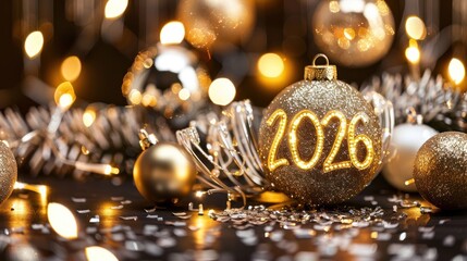 Golden Christmas Ornament with 2026 Numerals Surrounded by Sparkling Decorations and Lights