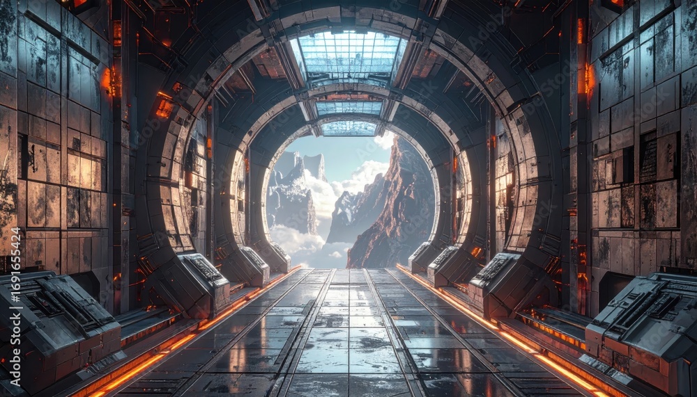 Poster a futuristic corridor extends into a vista of mountainous terrain, showcasing intricate technologica