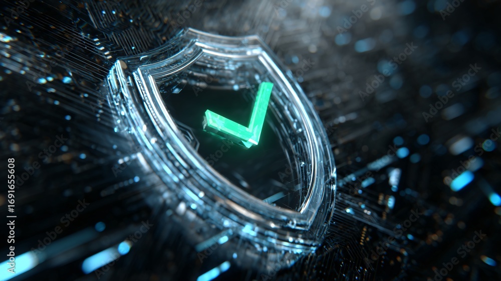 Poster futuristic conceptual rendering displays a gleaming shield with a glowing green checkmark approval.