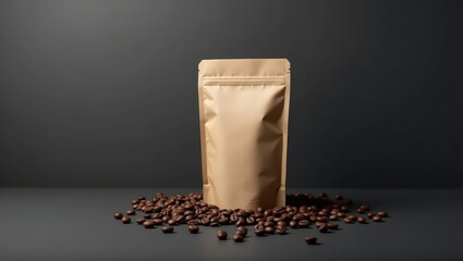 A light beige coffee bean packaging bag sits on a dark gray surface surrounded by roasted coffee beans.