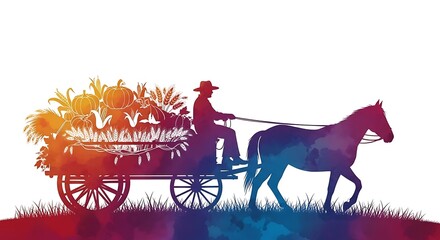 Harvest bounty overflows a horse-drawn wagon, a farmer guides his steed through fields of bounty, celebrating abundance and rural life's rich rewards, evoking autumn's vibrant spirit.