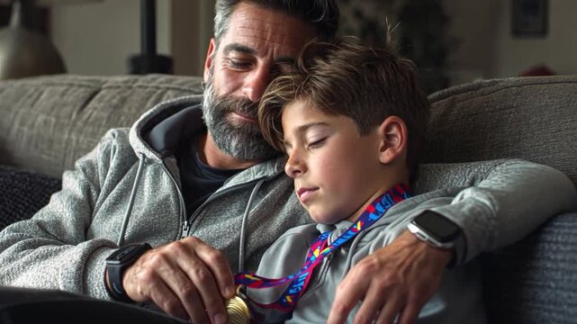 A father and son sit together on a couch at home, examining the son's new winner's medal.