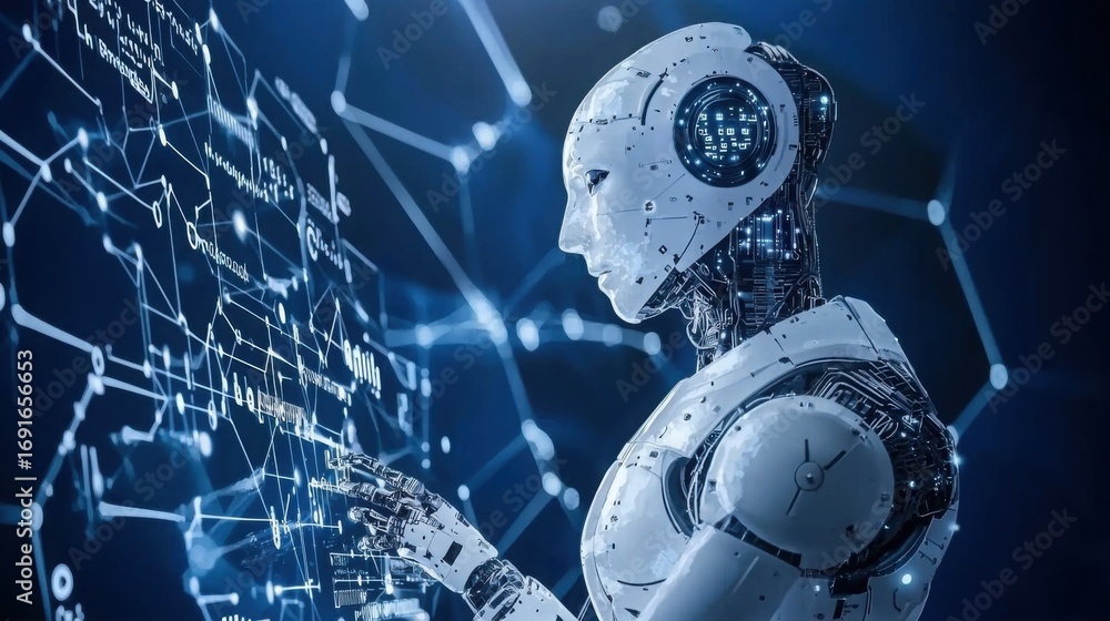 Poster a futuristic robot interacting with a digital interface showcasing american ai-powered research and 