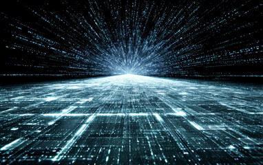 Vibrant Digital Abstract with Radiating Lines and Grid Patterns