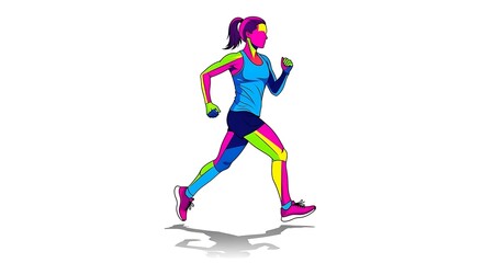 Dynamic female athlete in vibrant, modern style sprints forward, embodying energy, speed, and a bold pursuit of fitness goals with striking color blocks