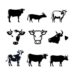 Cow Silhouette and Face Vector Set – Farm Animal Illustration Icons