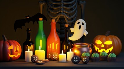 Halloween Still Life with Pumpkins and Decorations