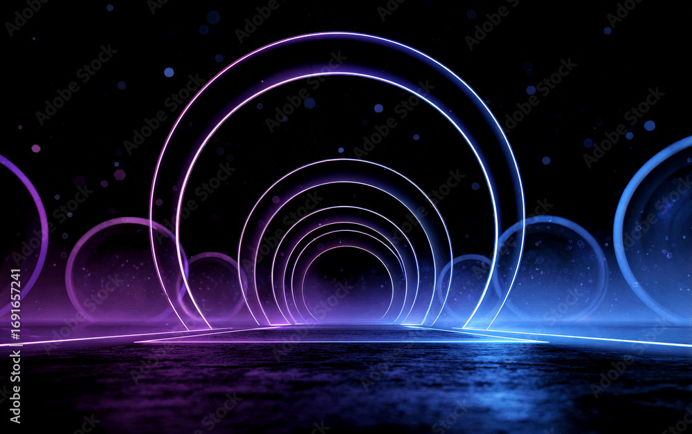 Aufkleber futuristic glowing circular arches creating a tunnel effect in a dark background