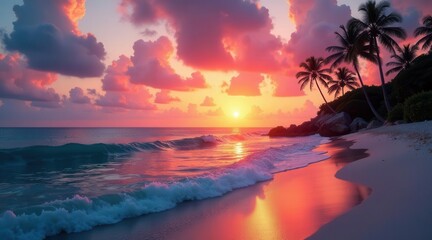 Serene sunset over tranquil ocean waves lapping a pristine beach, framed by majestic palm trees