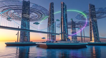 Futuristic Cityscape at Sunset - A Vision of Tomorrows Urban Life.