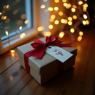 Holiday Gift Box with Red Ribbon and Tag Near Warm Christmas Lights &ndash; Cozy Festive Scene