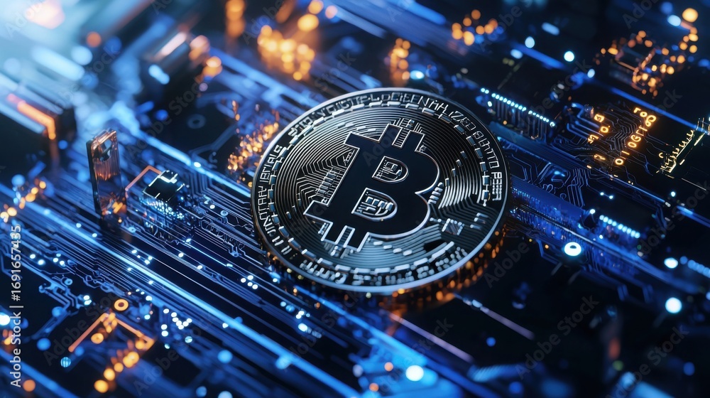 Poster bitcoin coin resting on a complex circuit board illustrating the intersection of cryptocurrency and 