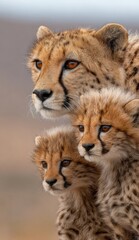 Close-up view of a cheetah mother and her two cubs, showcasing their affectionate embrace and soft fur, set against a muted, natural backdrop.