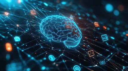 Artificial intelligence brain with digital connection and social media icons