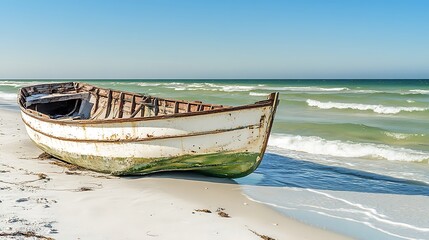 Weathered Wooden Boat on Sandy Beach Seascape