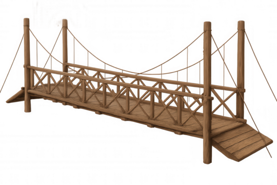 Simple wooden rope suspension bridge isolated on transparent background, perfect for architectural visualization or any kind of project