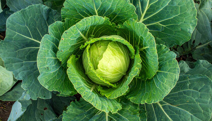 Fototapeta premium Top view close-up of fresh cabbage growing in a field