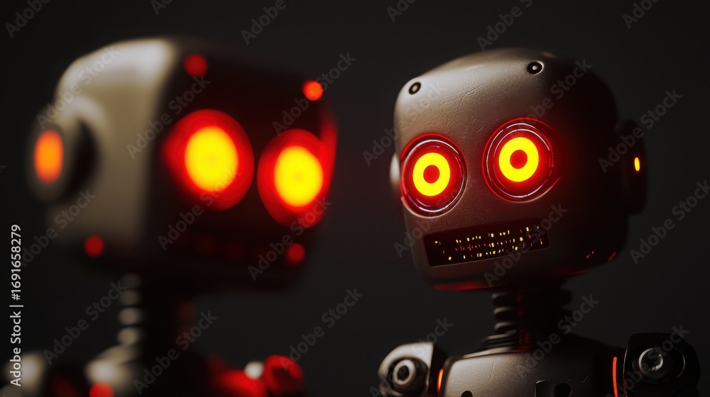 Poster high-tech robot with a red light indicating advanced capabilities in automated bitcoin trading opera