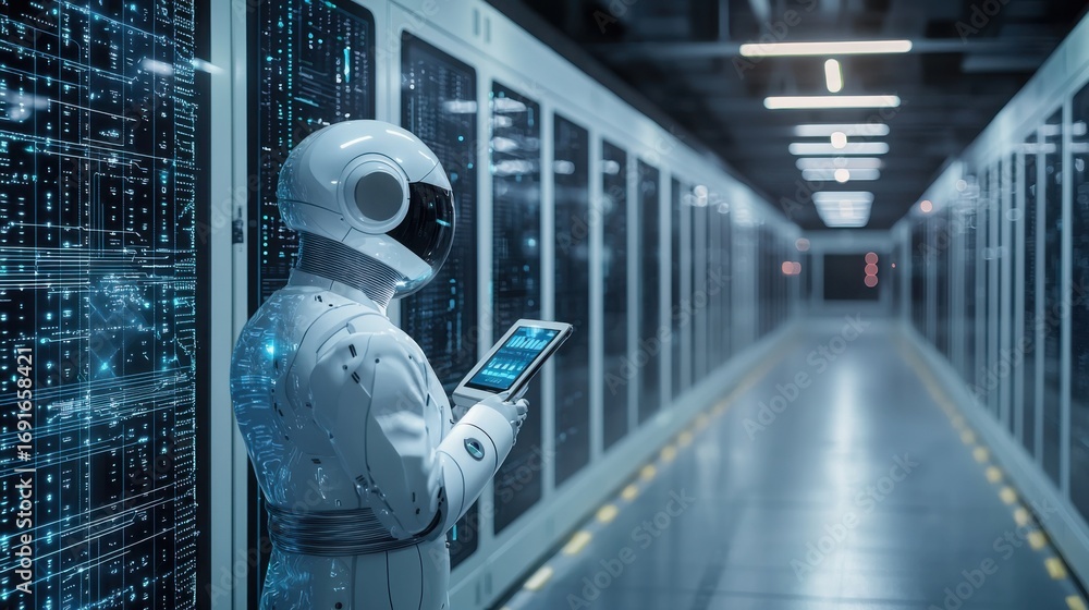 Poster robot holding a tablet for automated frequency allocation with advanced technology and digital inter