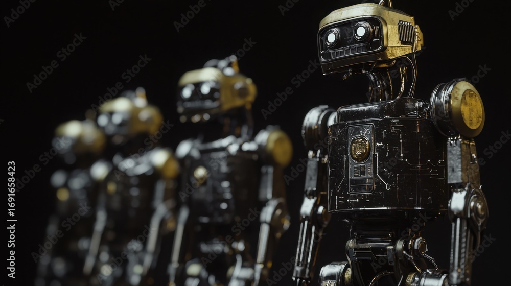 Poster two robots standing side by side representing collaboration and innovation in automated bitcoin trad