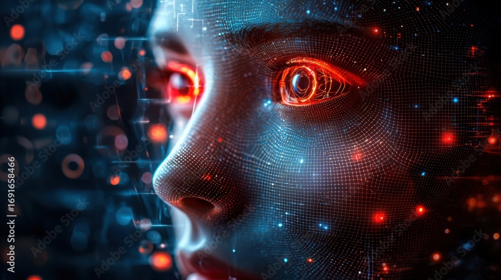 Poster woman's face featuring a futuristic interface background representing cutting-edge high-performance 