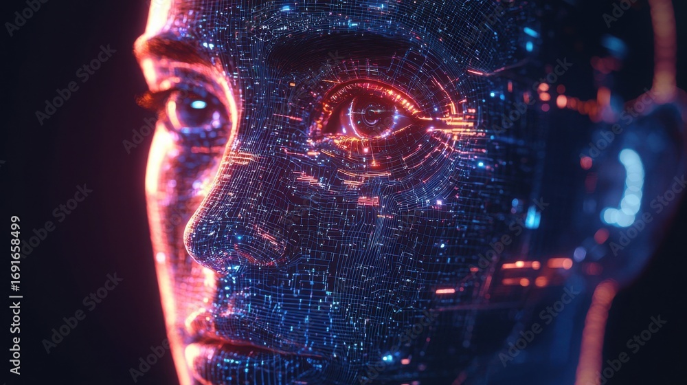 Poster human head with a hi-tech futuristic interface illustrating the concept of high-performance ai compu