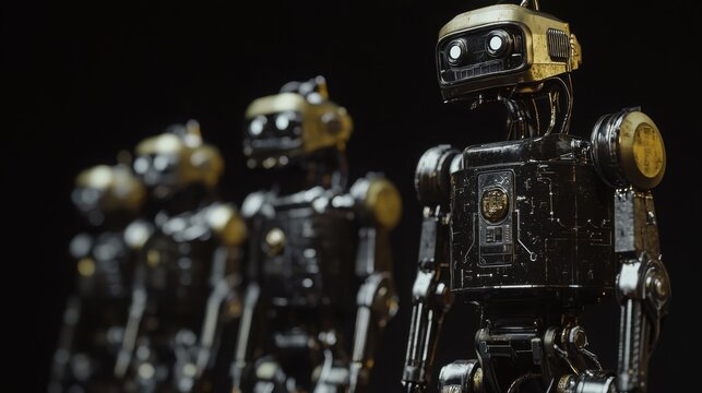 Two robots standing side by side representing collaboration and innovation in automated bitcoin trading technologies