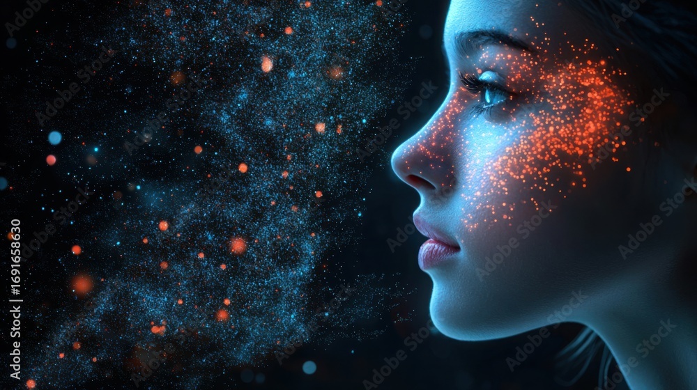 Poster girl with a glowing face representing the future of automated high-speed ai computing and digital in