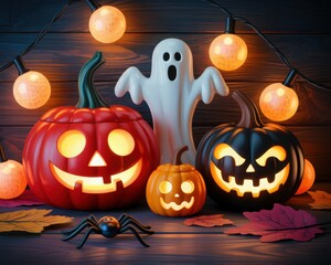 Halloween Still Life with Pumpkins and Ghost Figure