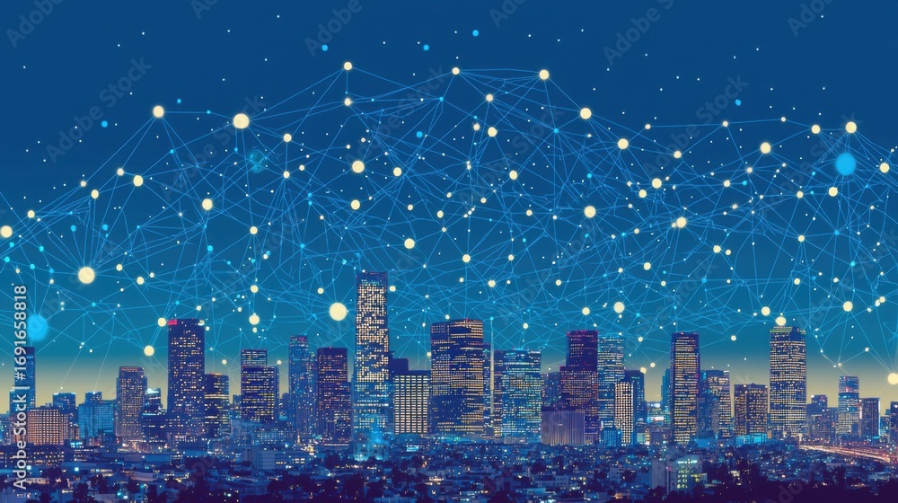 Poster cityscape with an overlayed network depicting automated iot network frequency control and digital co
