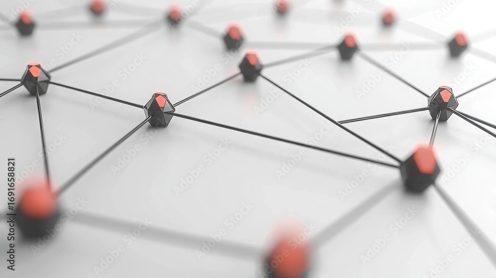 Poster a complex network of red spheres representing automated iot network frequency control and connectivi