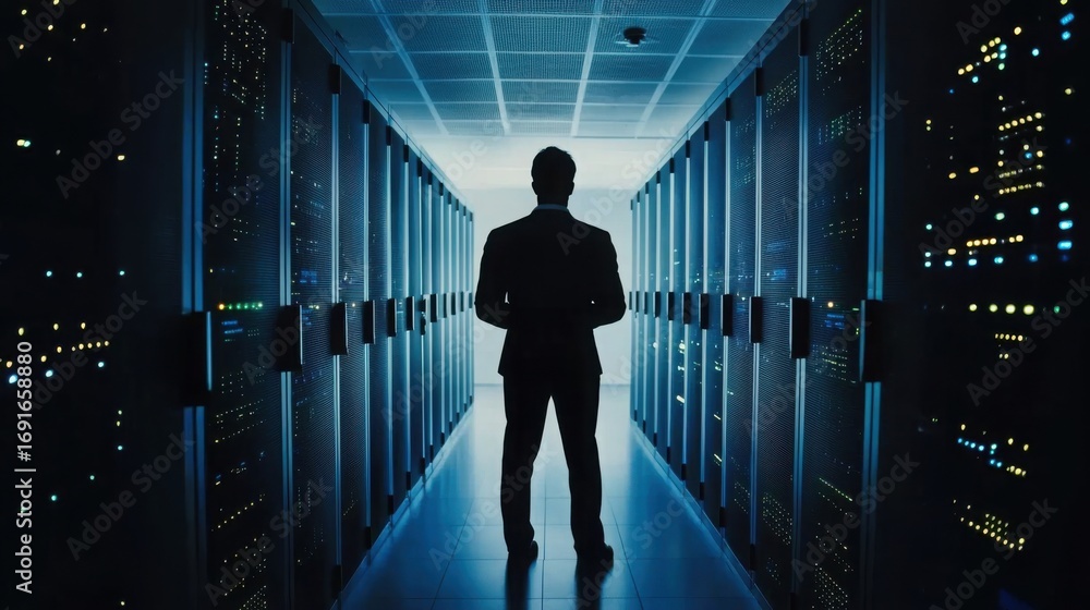 Poster a man working in a server room focused on automated network resilience planning and infrastructure m