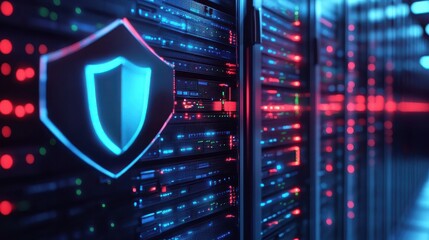 Fototapeta premium Data center with security shield, concept of data protection and cybersecurity