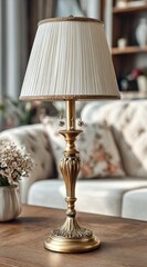 Gold-toned table lamp with cream shade on wooden table