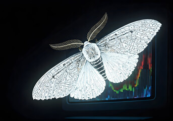 Surreal Moth with Circuit Board Wings and Golden Antennae Hovering over Stock Market Data Display