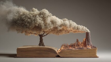 Book with tree on top symbolizing carbon footprint ledger for environmental accountability and sustainable practices