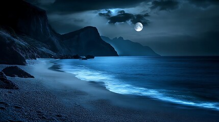 Serene moonlit night on a tranquil beach, glowing waves caress the sand, framed by majestic dark cliffs