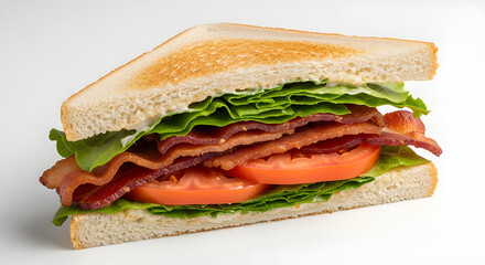 A mouthwatering sandwich composed of crispy bacon, fresh lettuce, and a juicy tomato between two slices of toasted bread. A close-up shot offers a visual feast