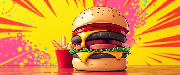 Vibrant cartoon burger with melting cheese, wavy fries, and bold colors on a pop art background, summer, dinner
