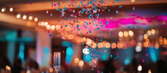 Festive celebration with confetti shower and blurred party lights background