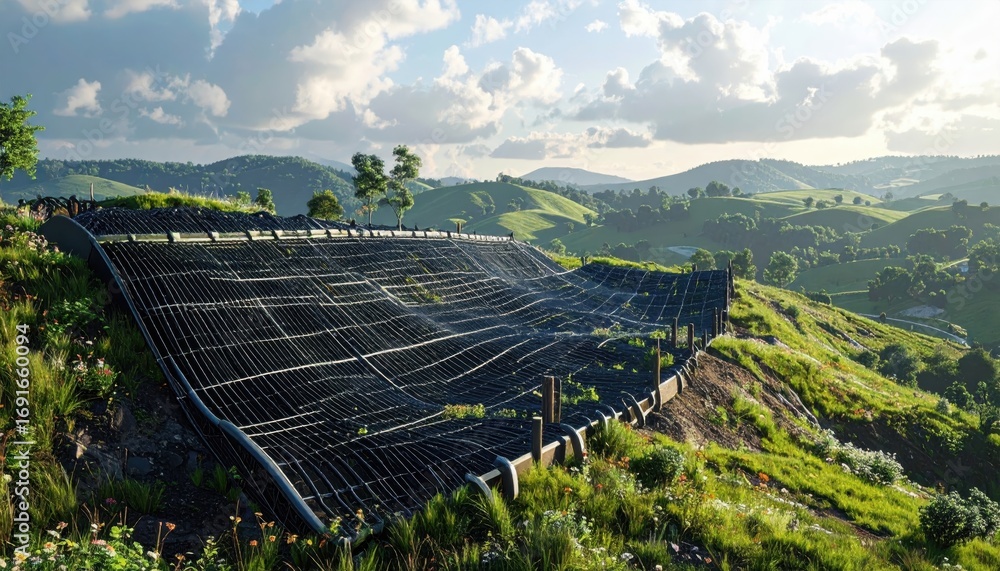 Poster a sprawling hillside is covered in a network of dark panels, creating a modern landscape design agai