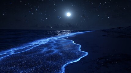 Bioluminescent waves glowing blue on a sandy beach under a full moon and starry night sky