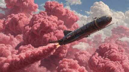 Vintage rocket soaring through pink clouds
