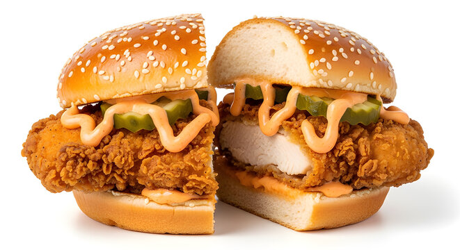 A delicious fried chicken sandwich cut in half, showcasing the crispy chicken, pickles, and sauce, all nestled in a sesame seed bun - Powered by Adobe